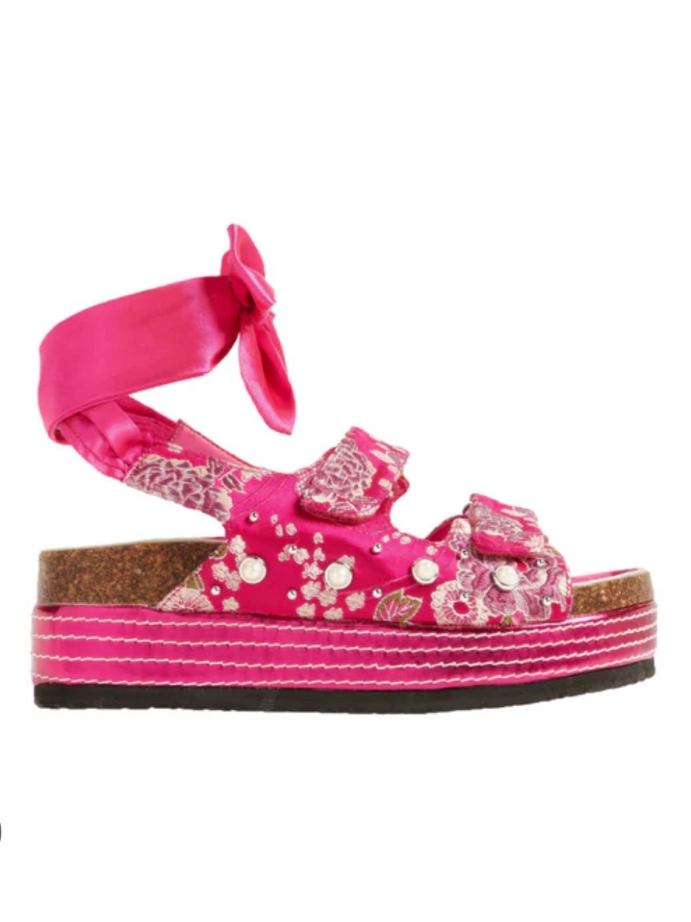 Hot Pink Embroidered Tie-Ankle Flatform Sandal